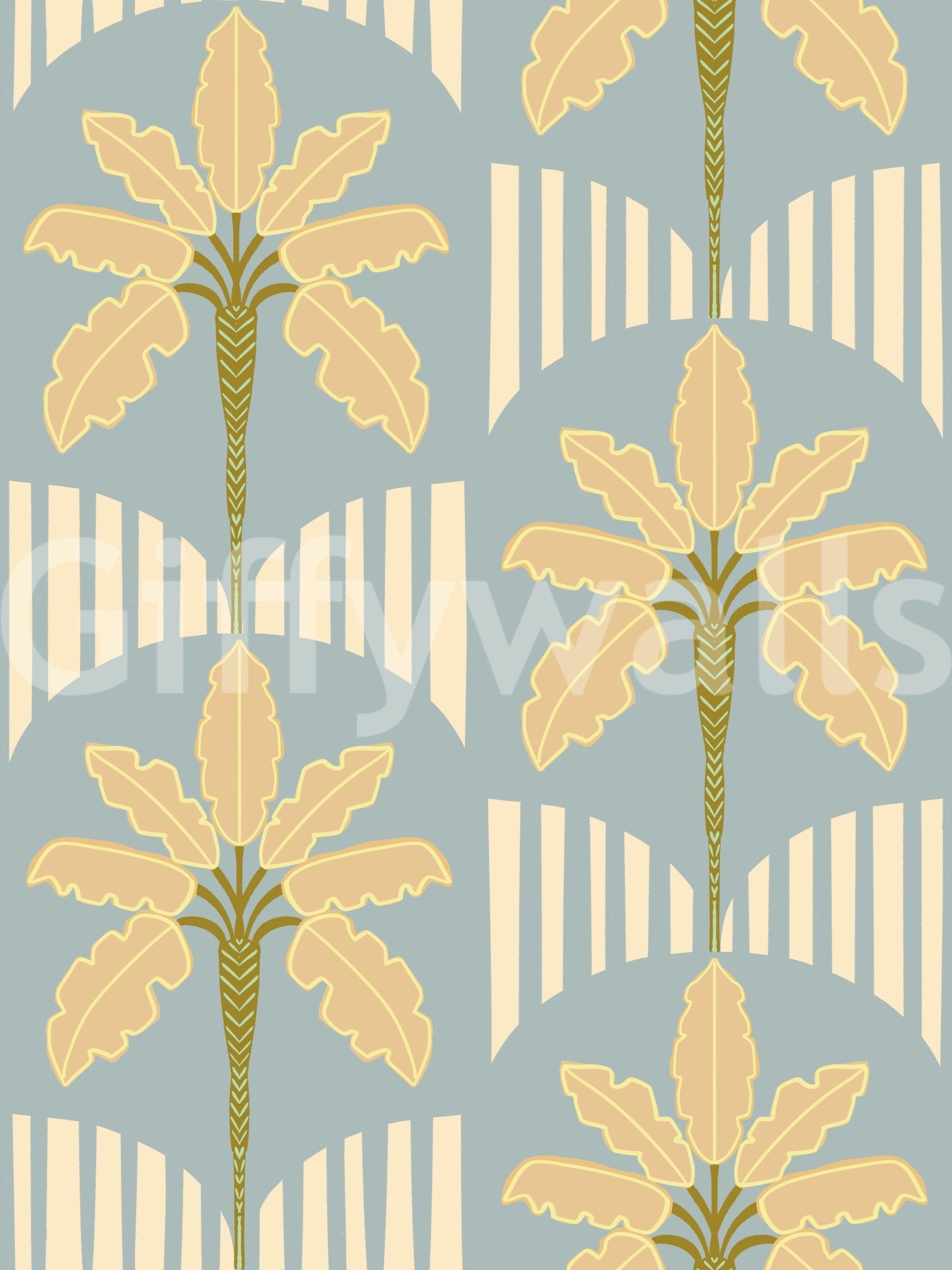 Retro palm wallpaper with gold fronds on soft blue background