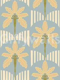 Retro palm wallpaper with gold fronds on soft blue background