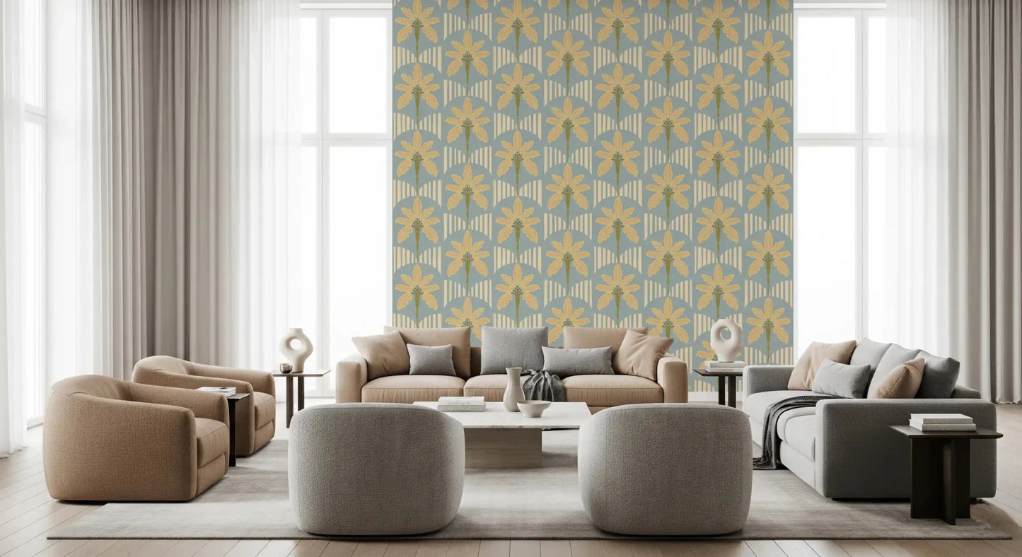 Living room with retro palm wallpaper and cream stripe detailing in blue tones