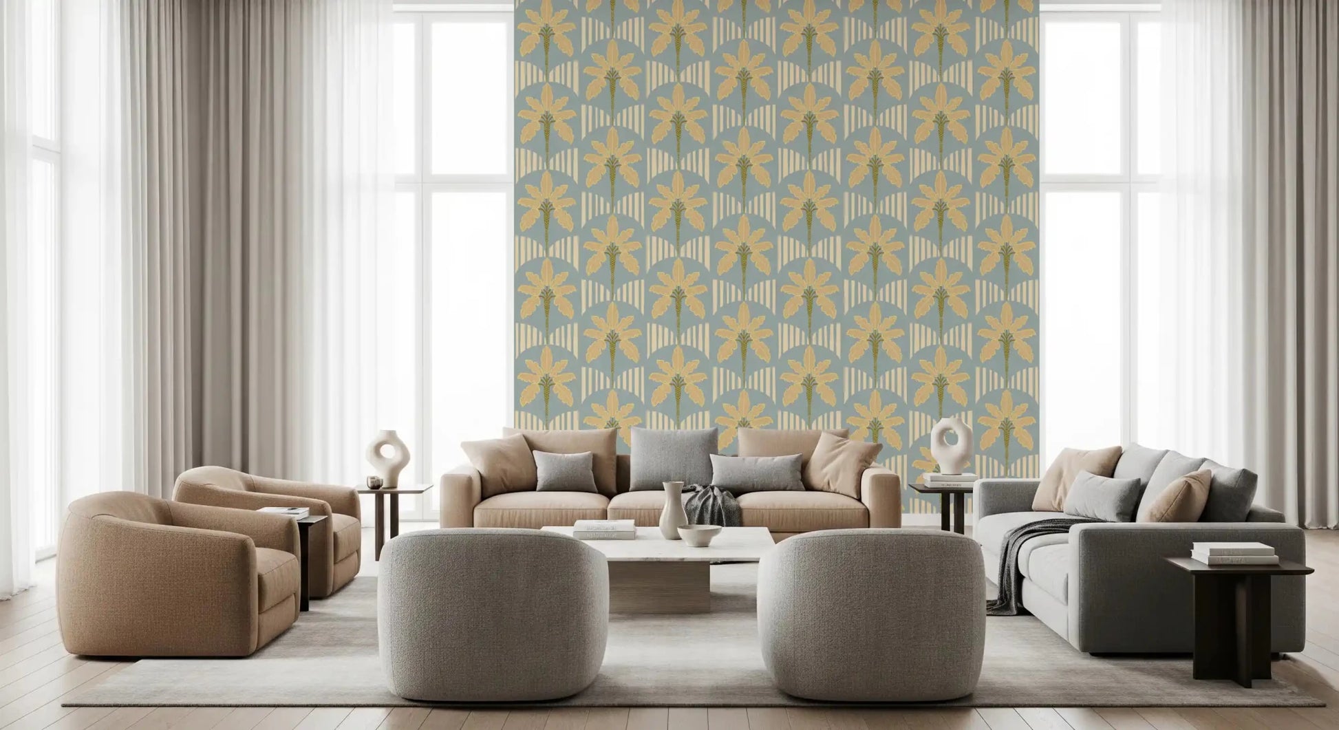 Living room with retro palm wallpaper and cream stripe detailing in blue tones
