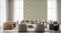 Living room with retro palm wallpaper and cream stripe detailing in blue tones