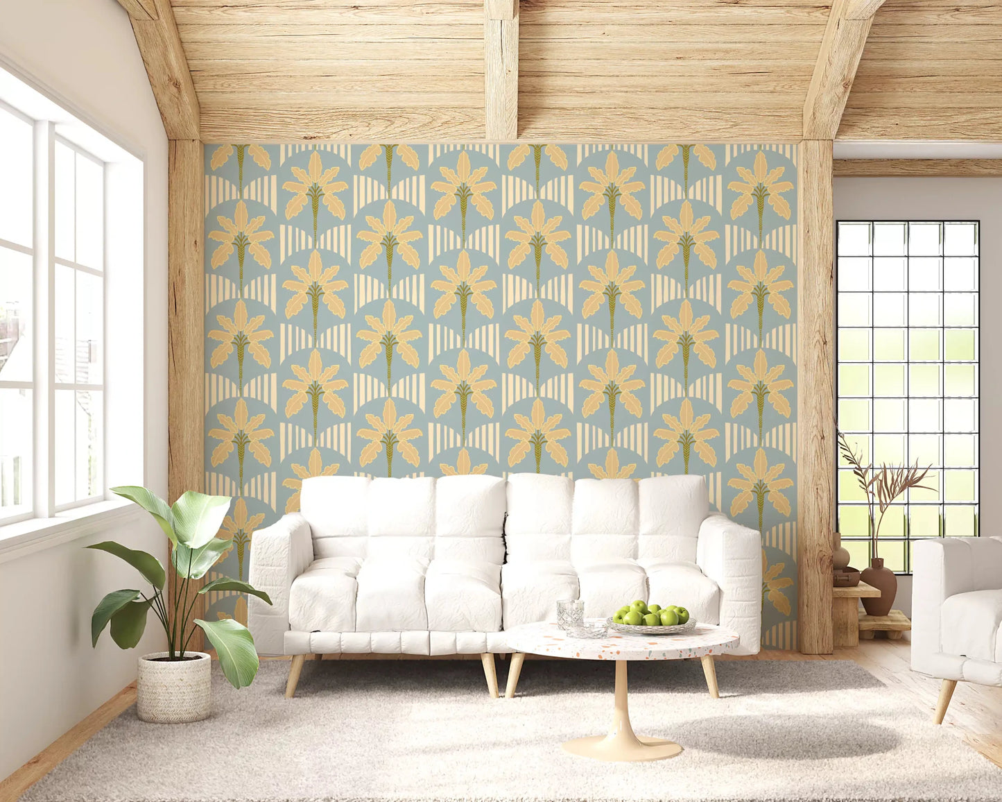 Living room with palm wallpaper and curved stripe arches in blue and gold tones