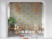 Dining room with retro palm wallpaper and cream stripe arches in blue tones