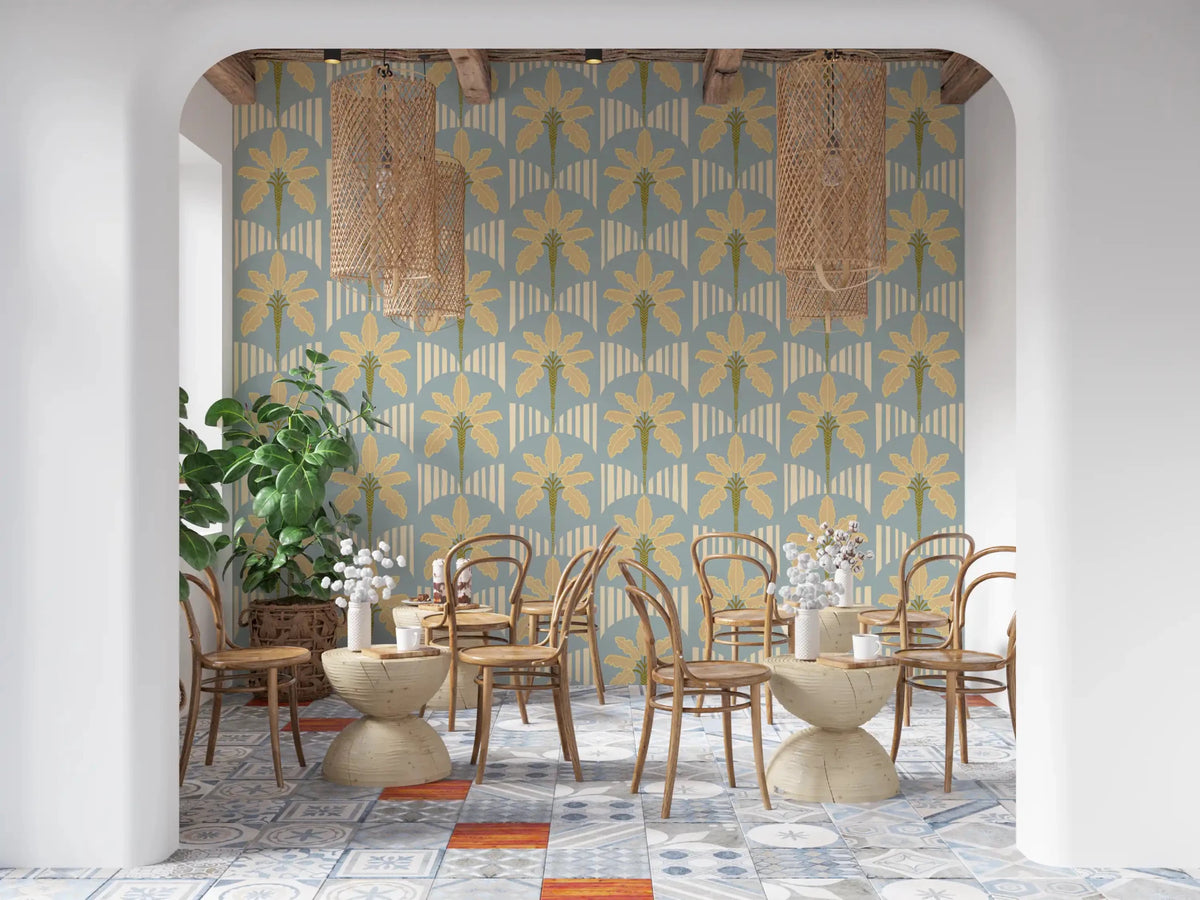 Dining room with retro palm wallpaper and cream stripe arches in blue tones