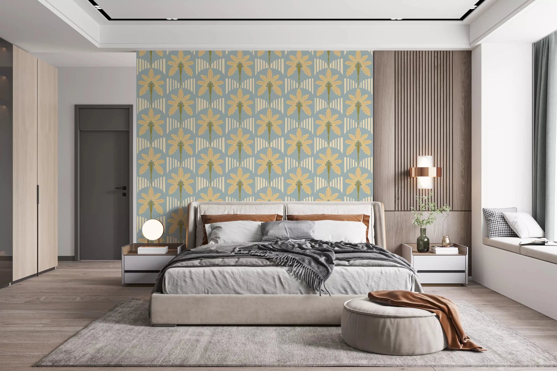 Bedroom with palm wallpaper in soft blue and gold stripe pattern tones