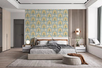 Bedroom with palm wallpaper in soft blue and gold stripe pattern tones