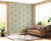 Lounge with retro palm wallpaper in muted blue and gold stripe combination