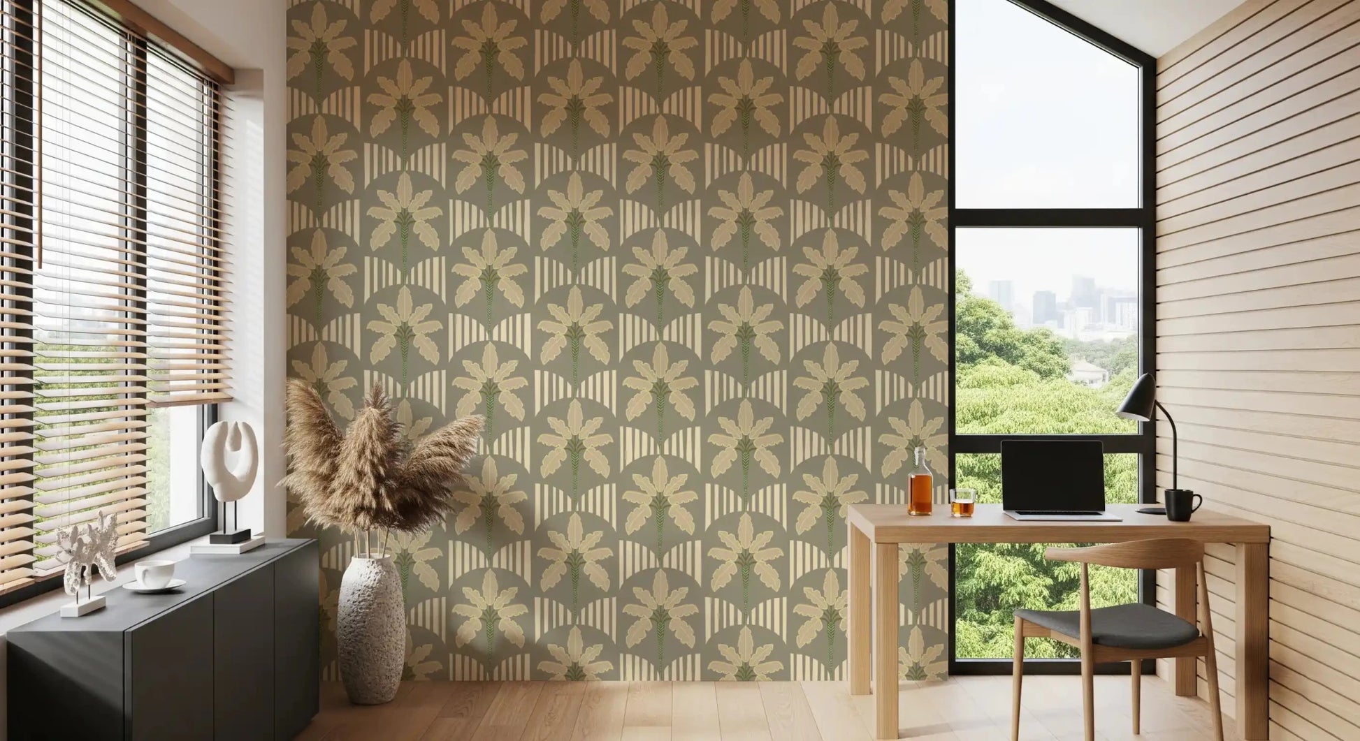 Balanced palm silhouettes and stripes arranged in a Home office  composition