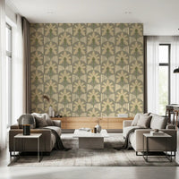 Olive palm wallpaper paired with gold stripe arches in a modern living interior