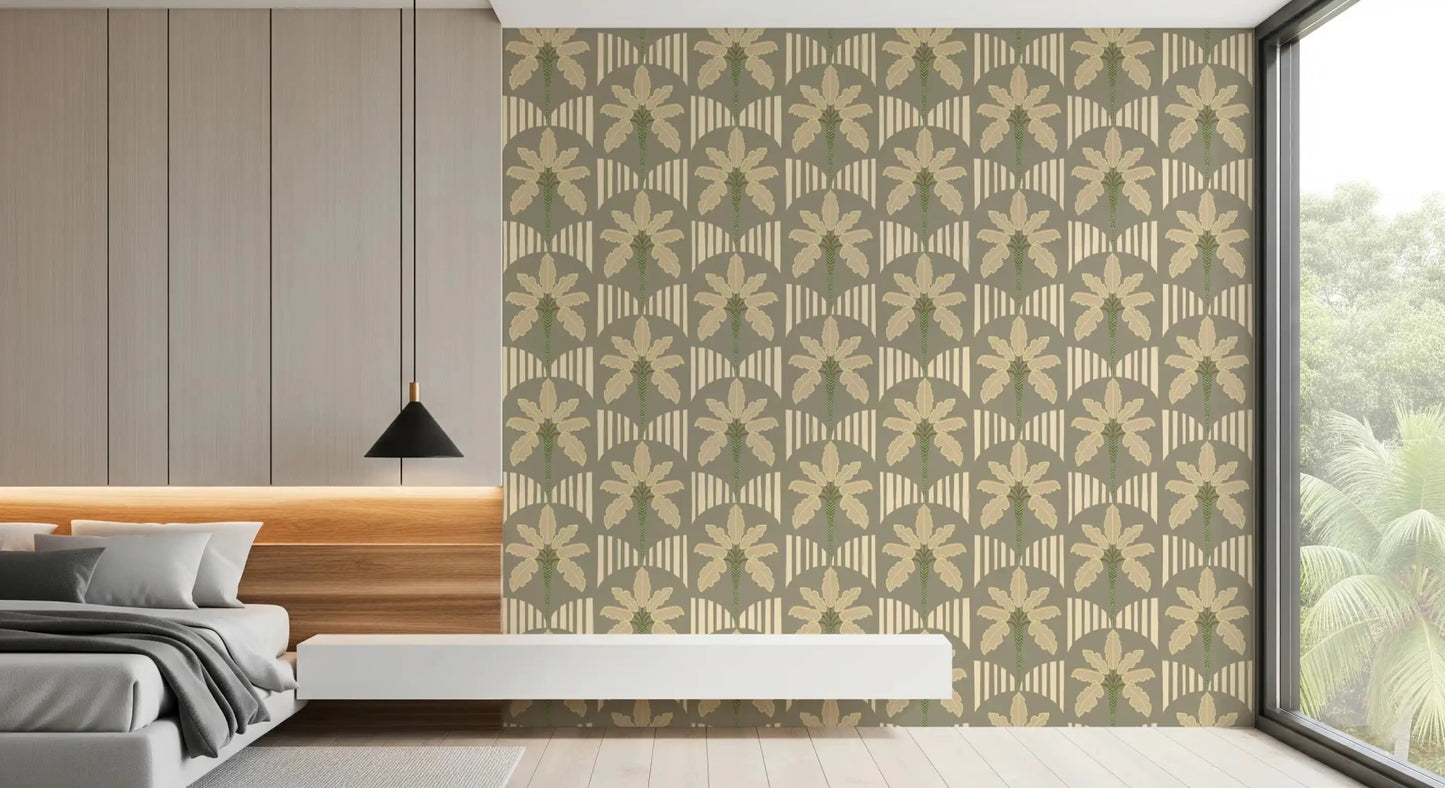 Retro palm elements shaping a relaxed Bedroom atmosphere in neutral tones
