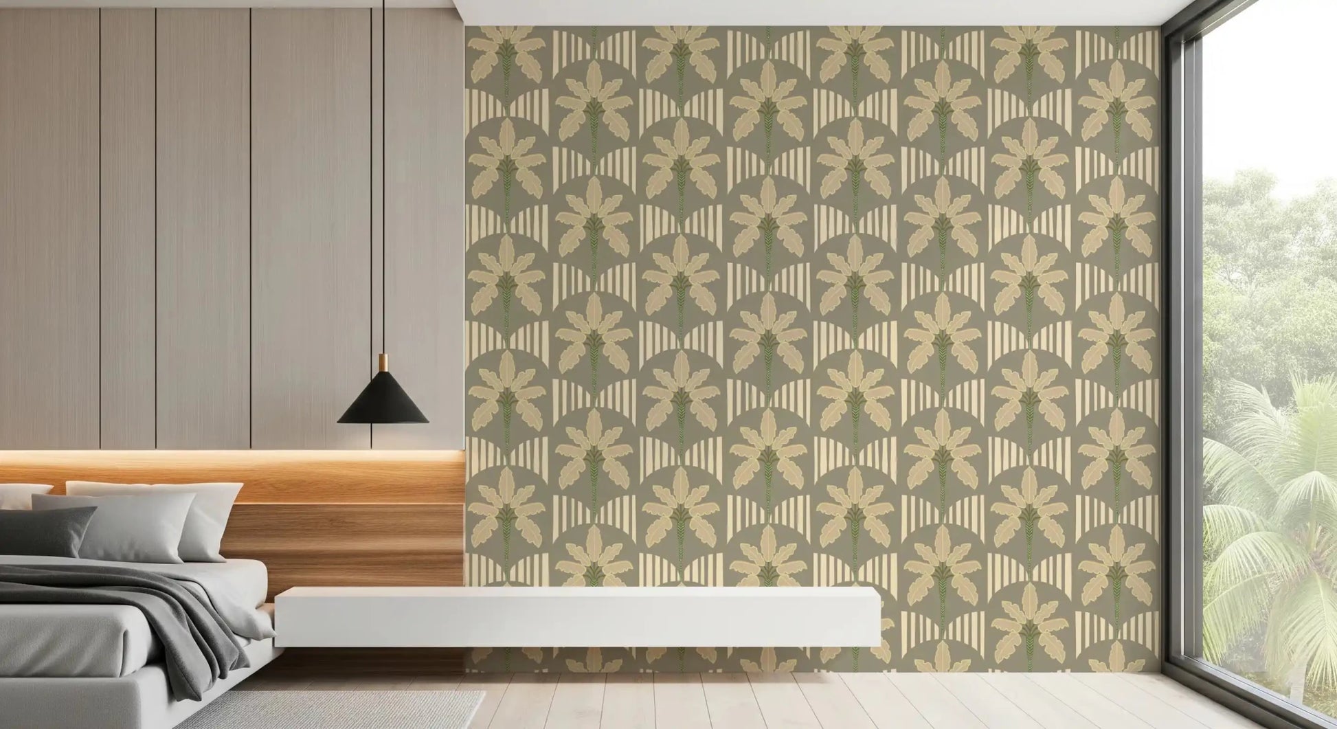 Retro palm elements shaping a relaxed Bedroom atmosphere in neutral tones