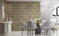 Muted palm and stripe layout creating depth within a calm Dining room setting