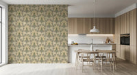 Structured palm and stripe layout featured in a clean Dining and kitchen  interior