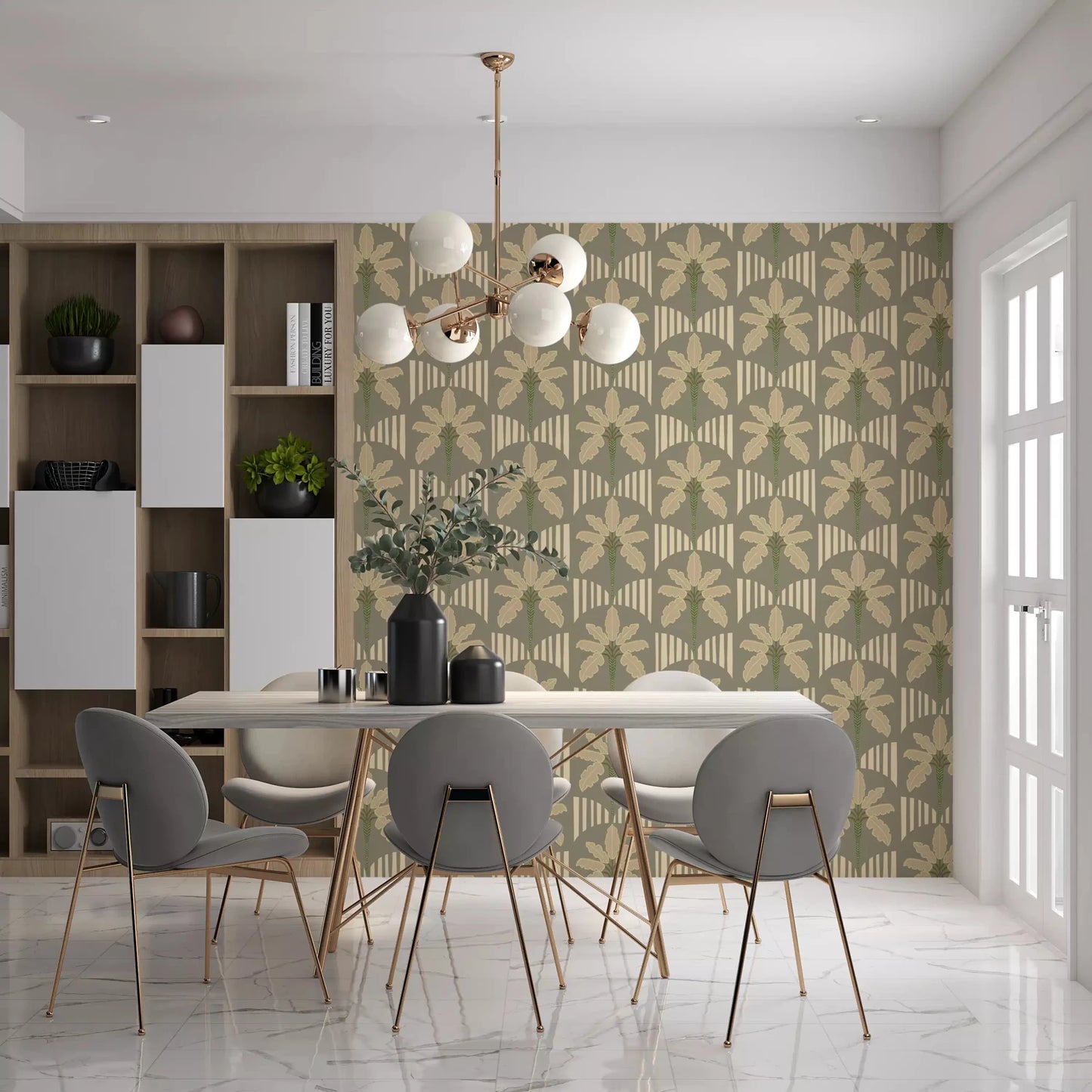 Olive palm wallpaper with gold detailing used in a focused dining room interior