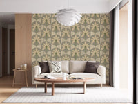Gold palm detailing with stripe forms featured across a living interior setup