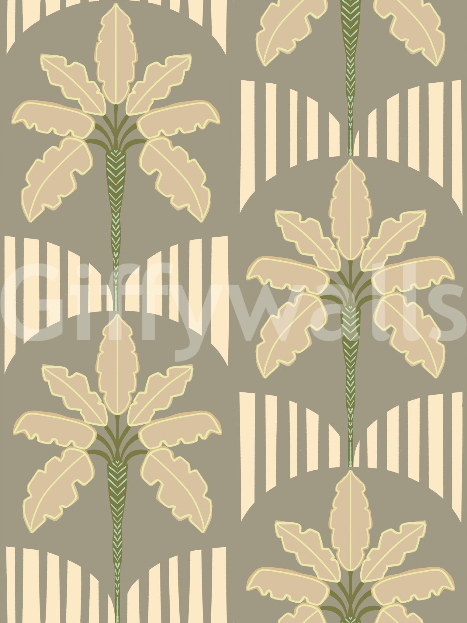 Olive beige wallpaper with gold palm motifs and stripe arches