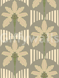 Olive beige wallpaper with gold palm motifs and stripe arches