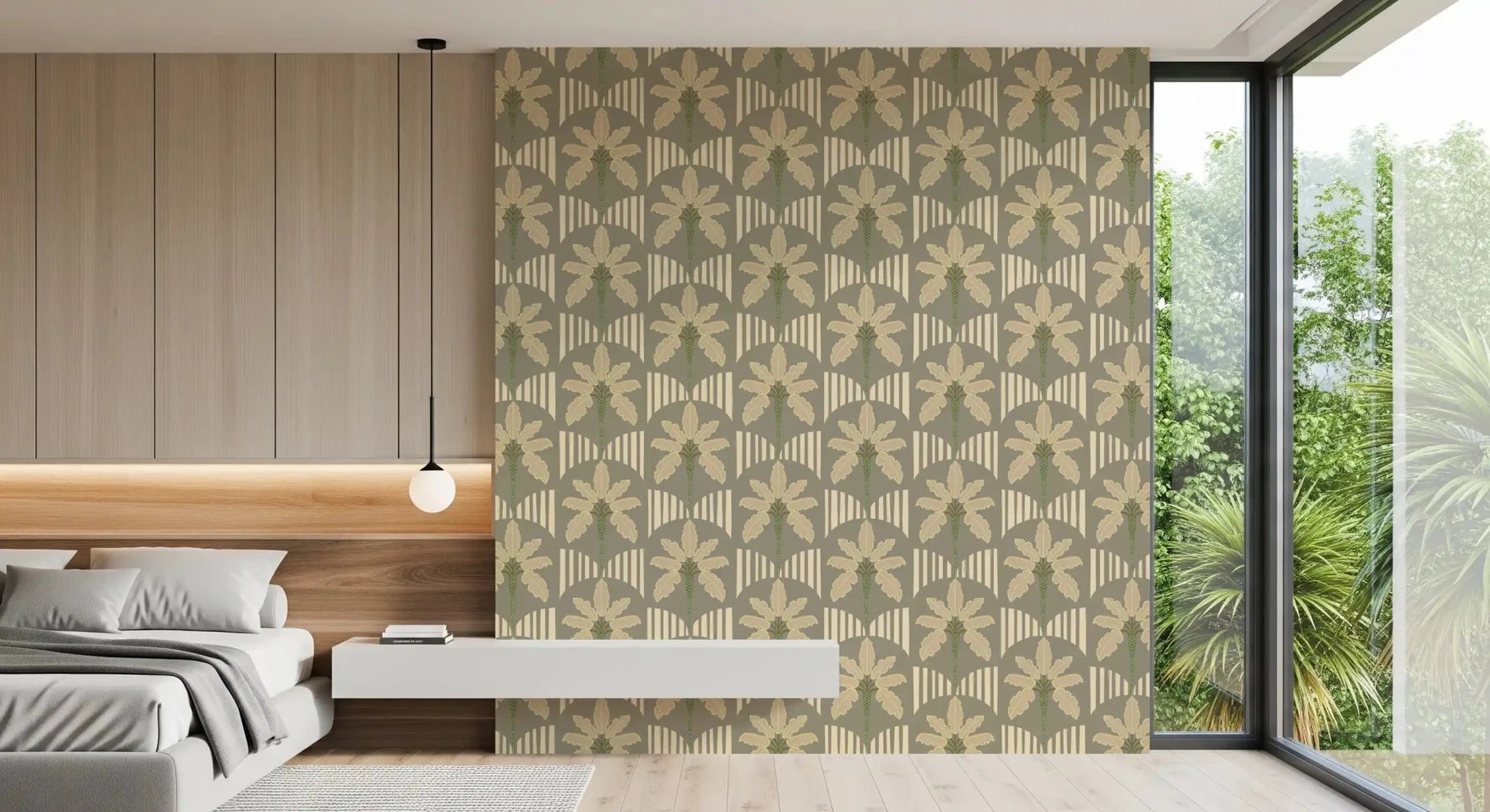 Curved stripe arches with palm motifs defining an Bedroom visual flow