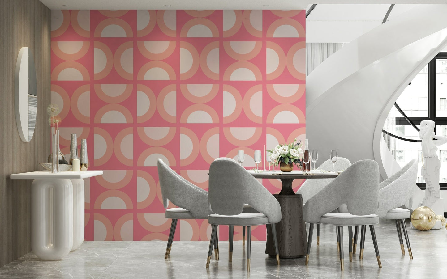Minimalist arc designs highlight this peach wall mural.