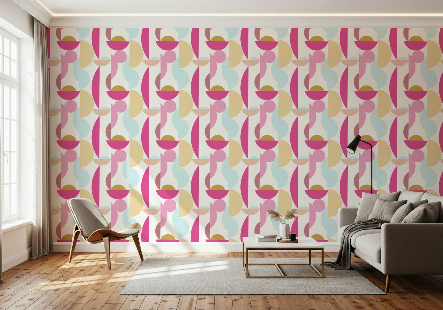 Vibrant Retro Geo Blush wall mural aesthetic pinks yellows blues beige segments.