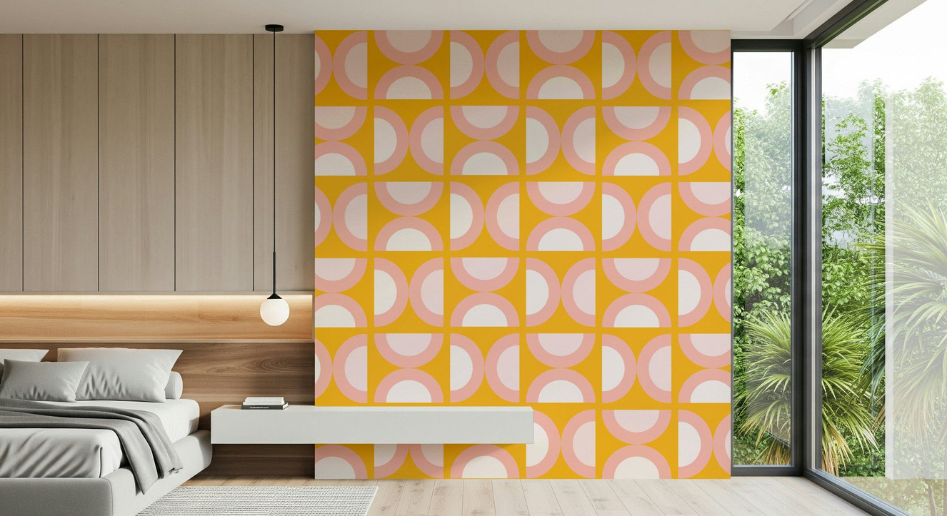 Retro Blush Arcs wallpaper wall mural interior design.