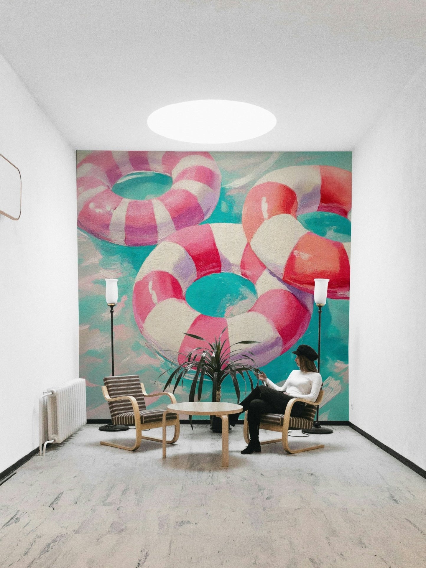 Nostalgic mural with bold colors and sunny skies

