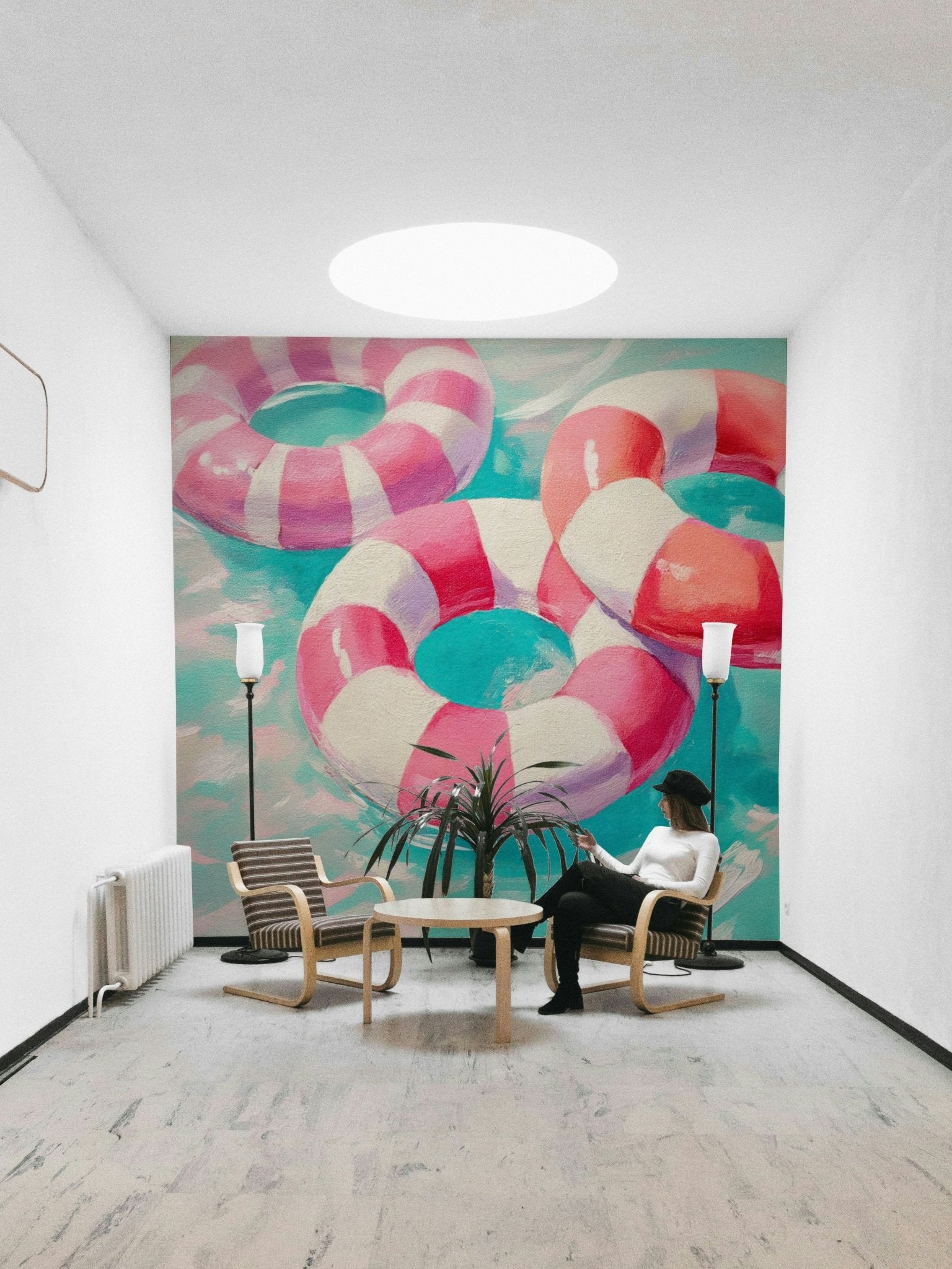 Nostalgic mural with bold colors and sunny skies

