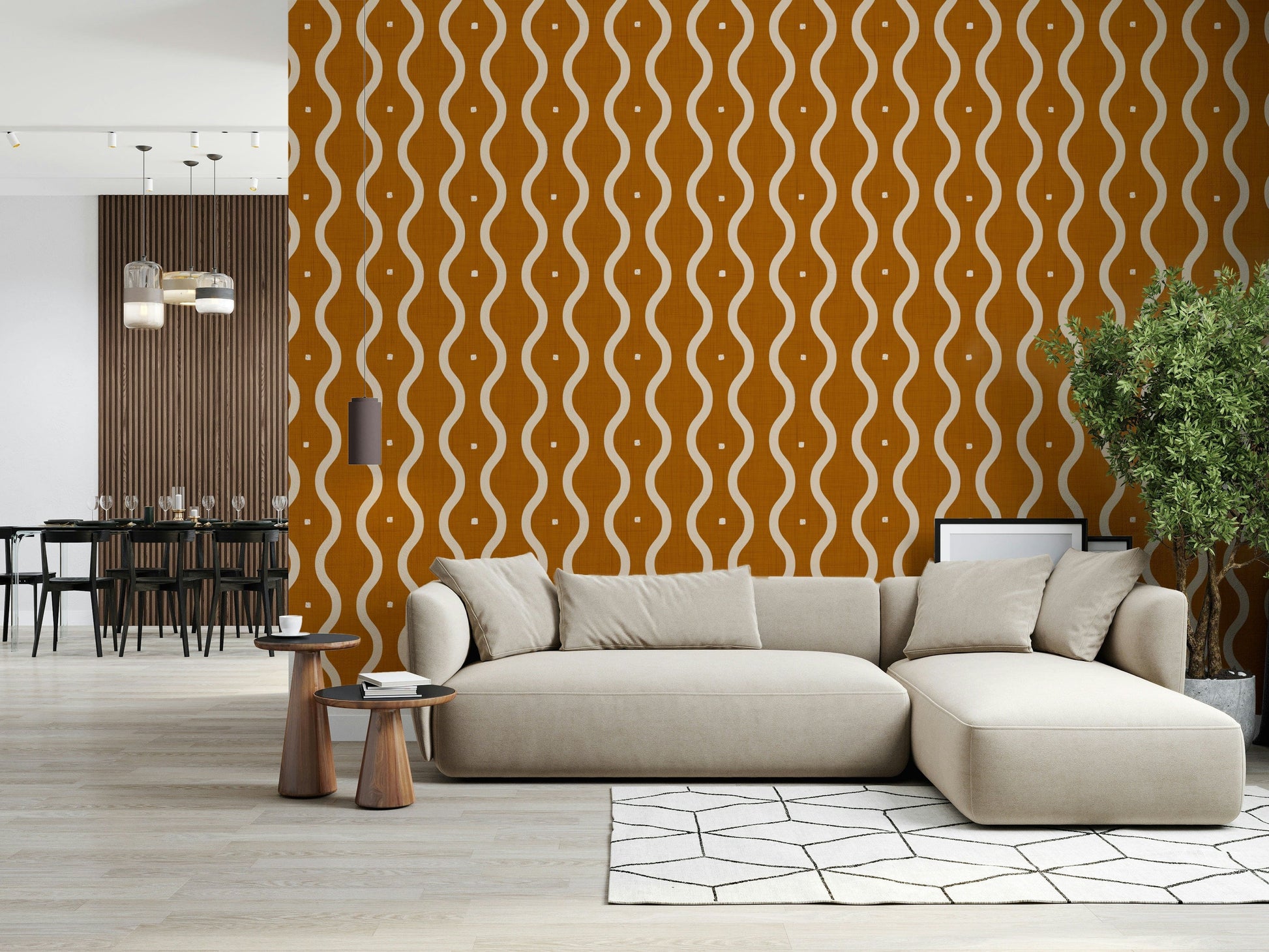 Sienna Retro Waves wallpaper, organic motion, decorative interior finish.