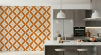 Warm retro wallpaper with repeated terracotta interlocking shapes and star embellishments.