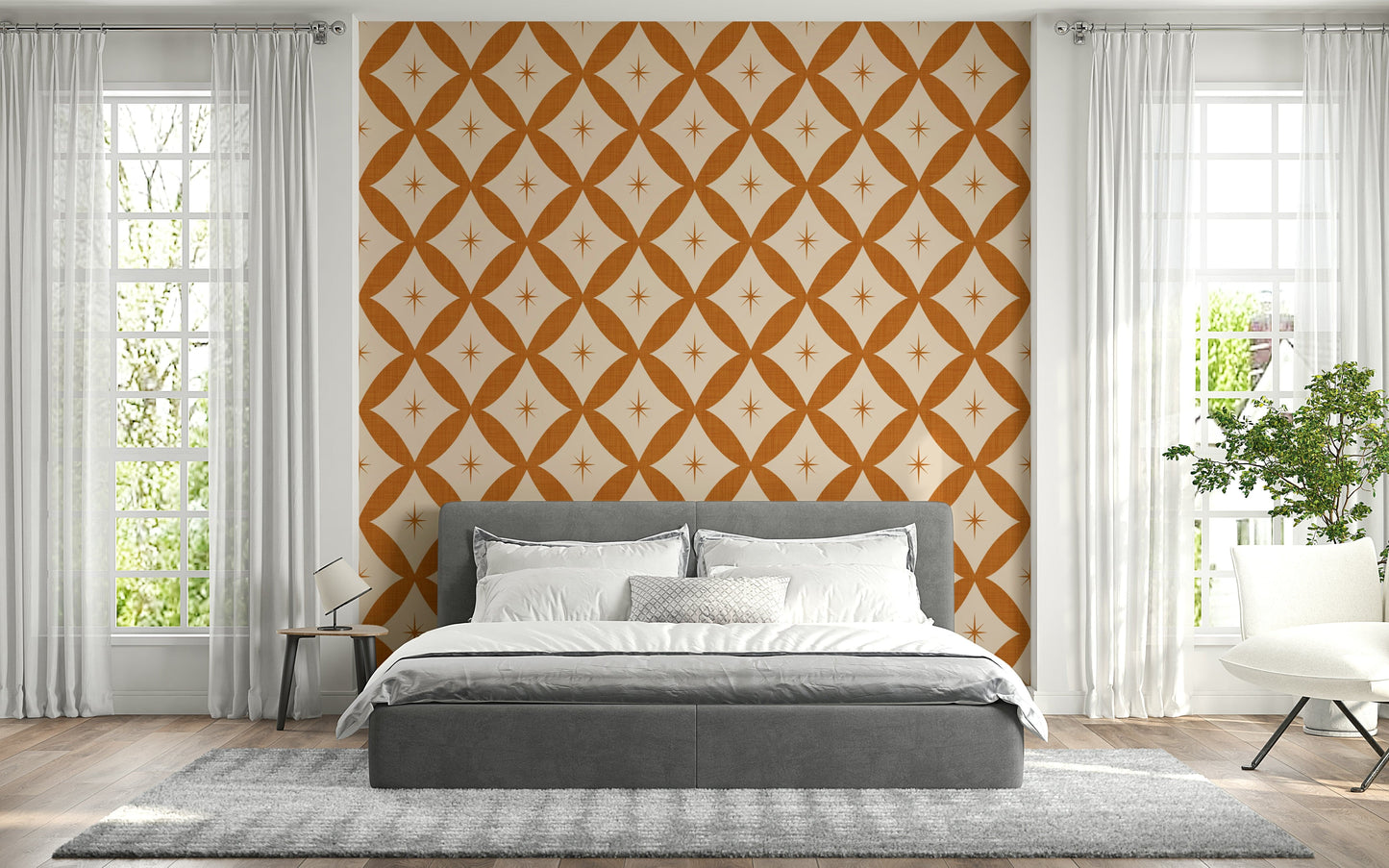 Chic vintage geometric wallpaper featuring terracotta shapes interwoven with star designs.