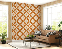 Classic mid-century wallpaper featuring interwoven terracotta diamonds and atomic-style stars.