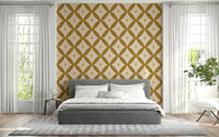 Warm geometric wallpaper featuring golden interlocking diamond shapes and atomic-style stars.