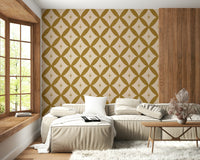 Vintage geometric wallpaper showcasing mustard lattice patterns paired with subtle starbursts.