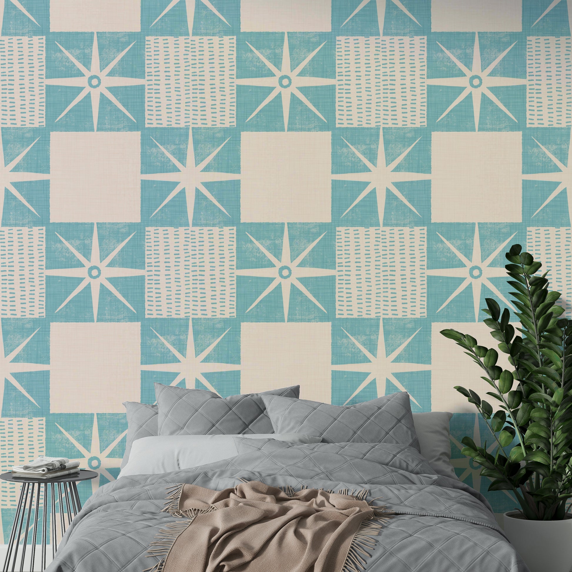 Minimalist blue starburst quilt block wallpaper

