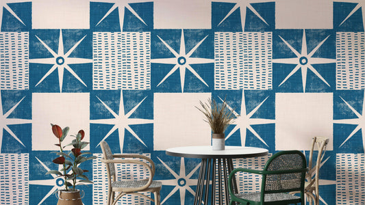 Retro starburst quilt block pattern in indigo blue

