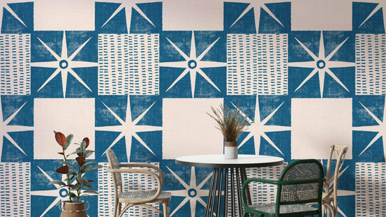 Retro starburst quilt block pattern in indigo blue

