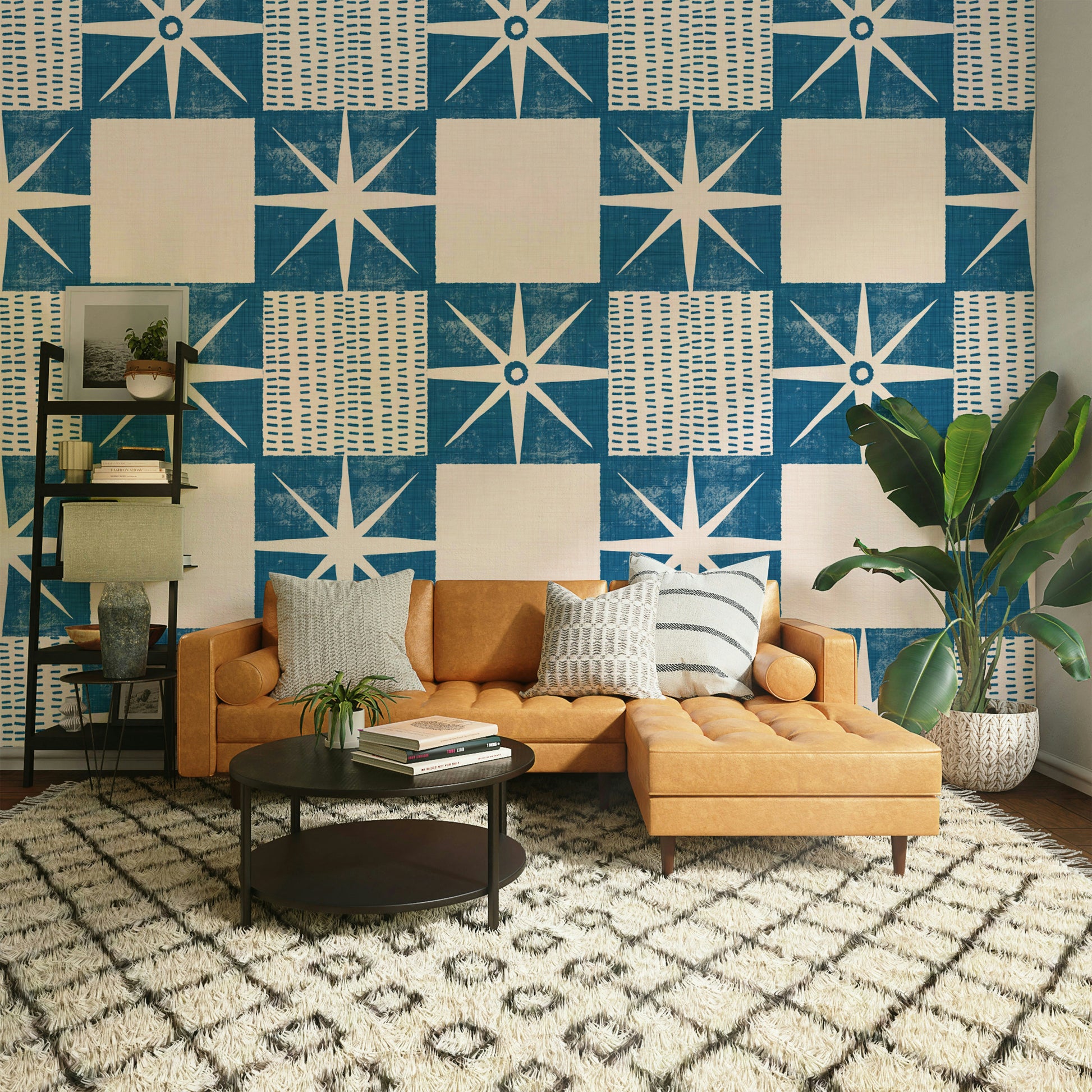 Indigo starburst quilt block wallpaper close-up

