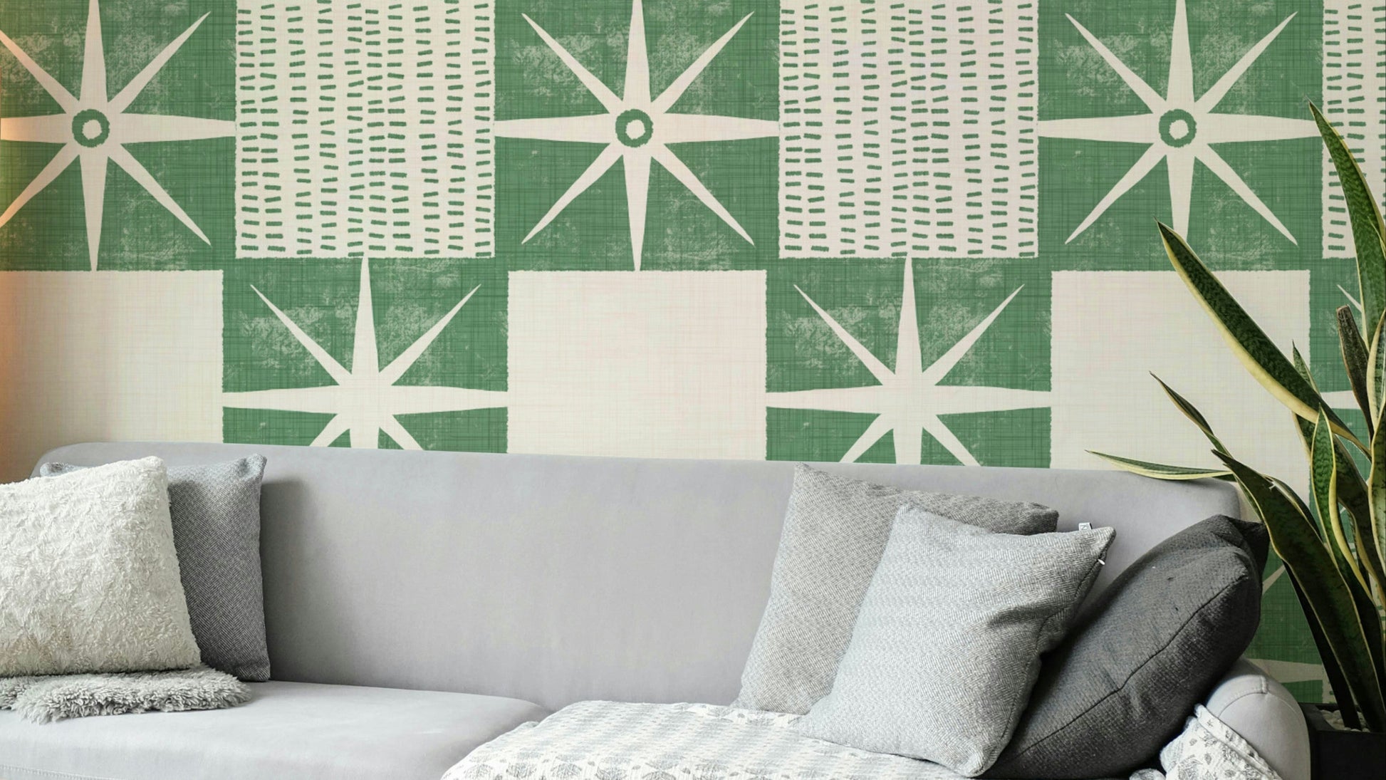 Retro starburst quilt block pattern in sage green

