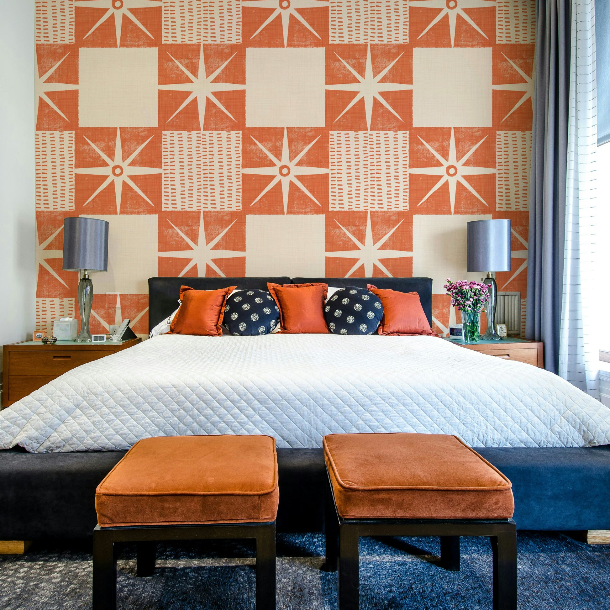 Geometric quilt block wallpaper with retro salmon color


