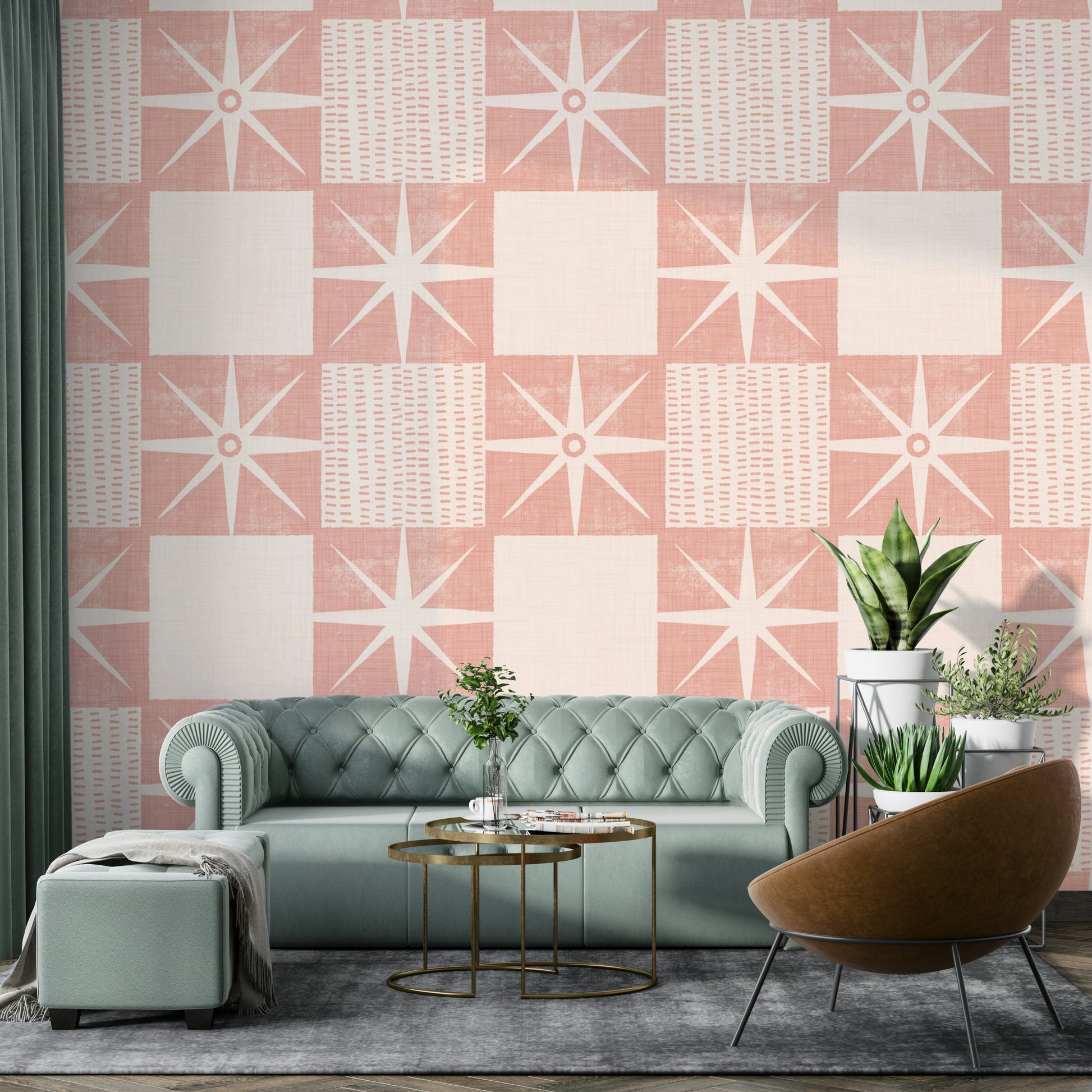 Retro-inspired quilt block wallpaper with pink starburst shapes

