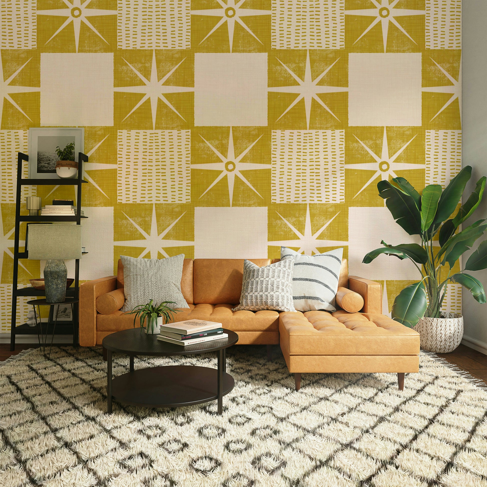 Minimalist retro quilt block wallpaper yellow design


