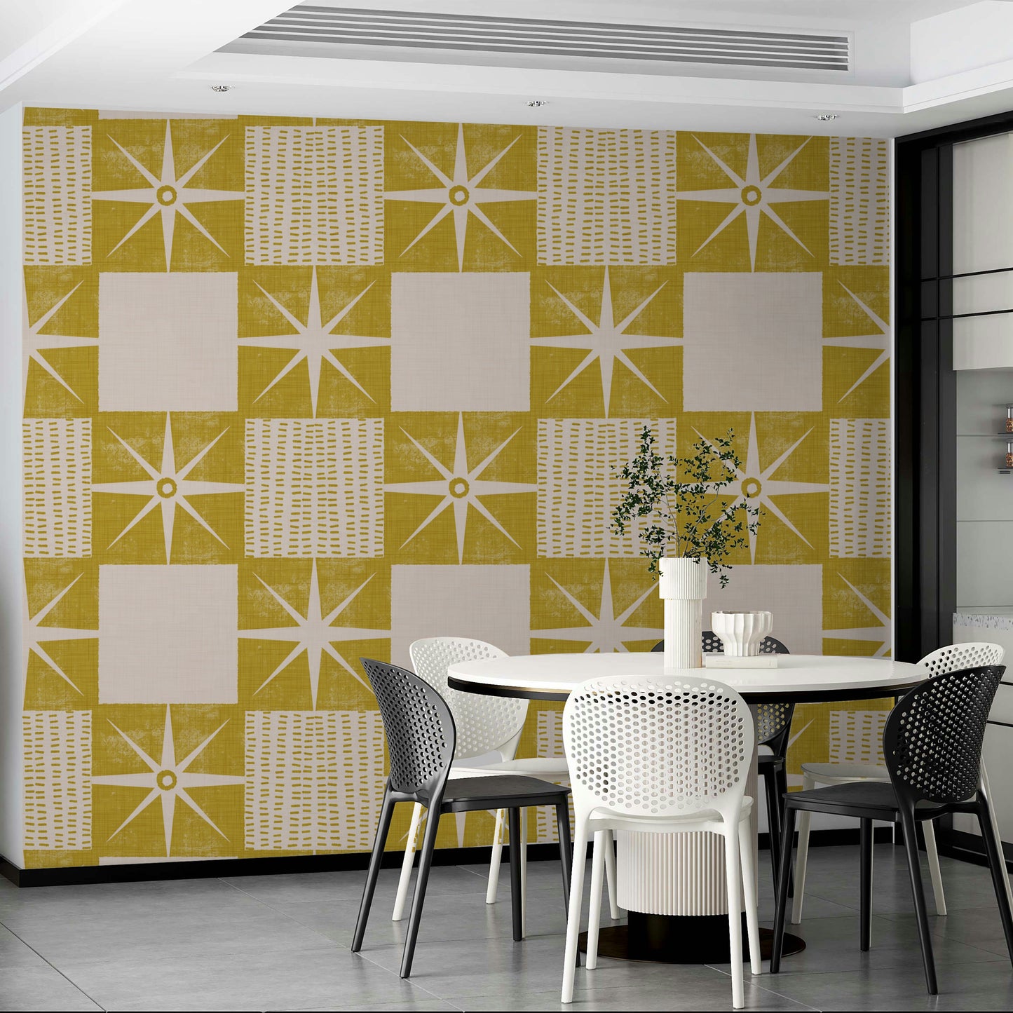 Mid-century modern starburst pattern wallpaper mustard


