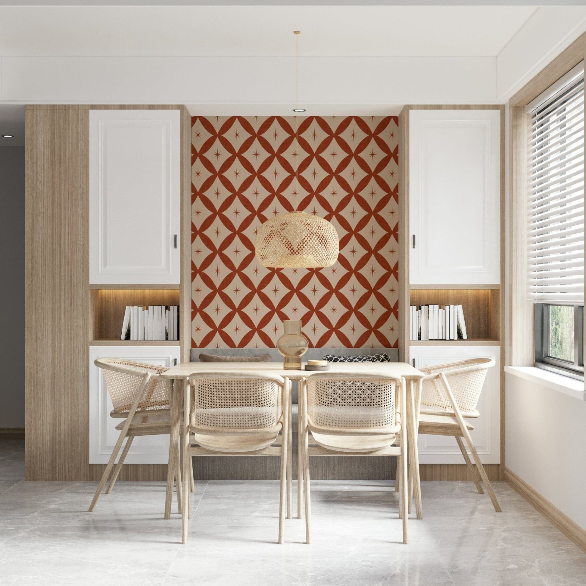 Warm retro wallpaper featuring terracotta diamond tiles and atomic-inspired stars.