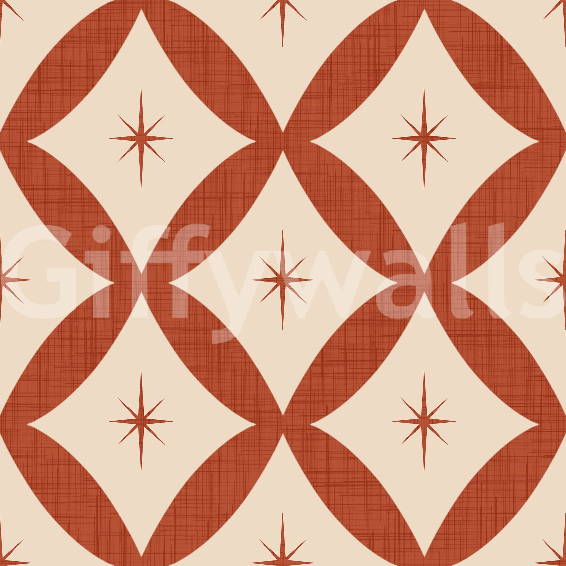 Mid-century geometric wallpaper with tiled diamond forms and starburst centers.
