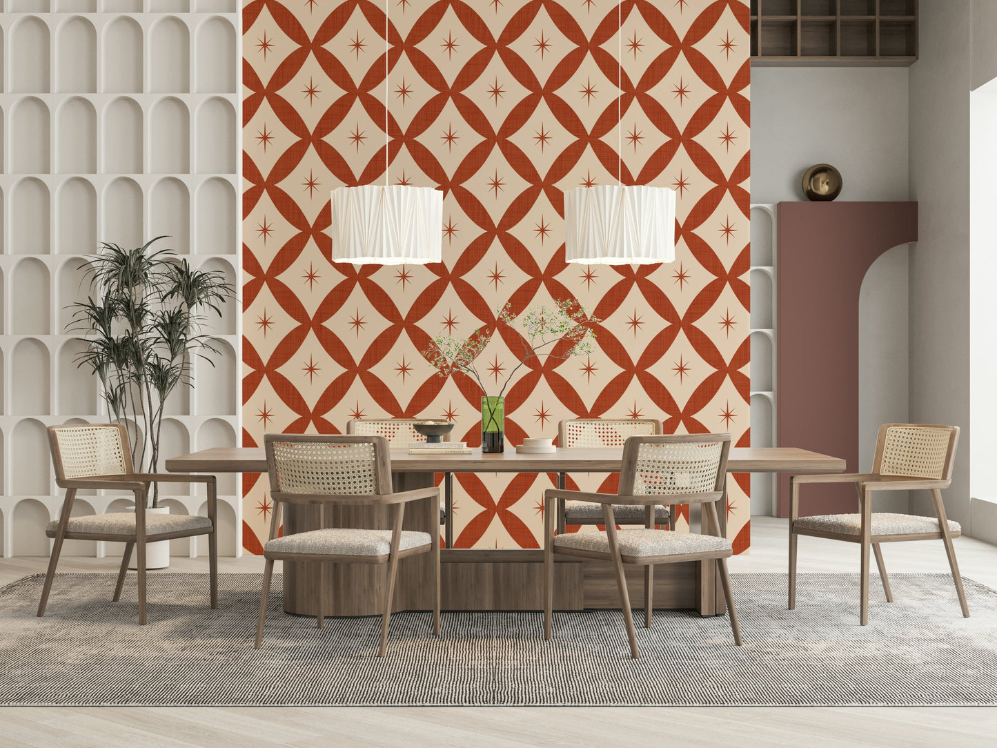 Retro starburst tile wallpaper featuring terracotta diamond shapes with central star motifs.