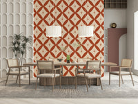 Retro starburst tile wallpaper featuring terracotta diamond shapes with central star motifs.