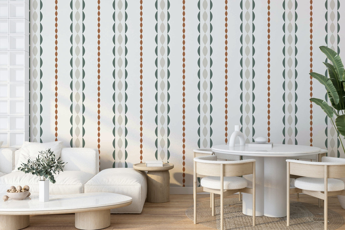 A peaceful wall mural with a retro, striped design.

