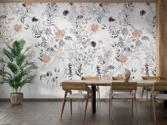 Retro Style Leaf wallpaper mural of grey and terracotta wildflower sprigs behind a wood dining table in a dining room