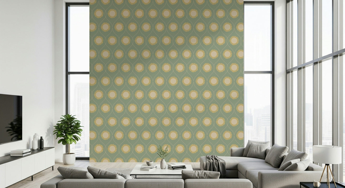 Retro Radiance pattern, textured look, soft olive background, beige-yellow accents.