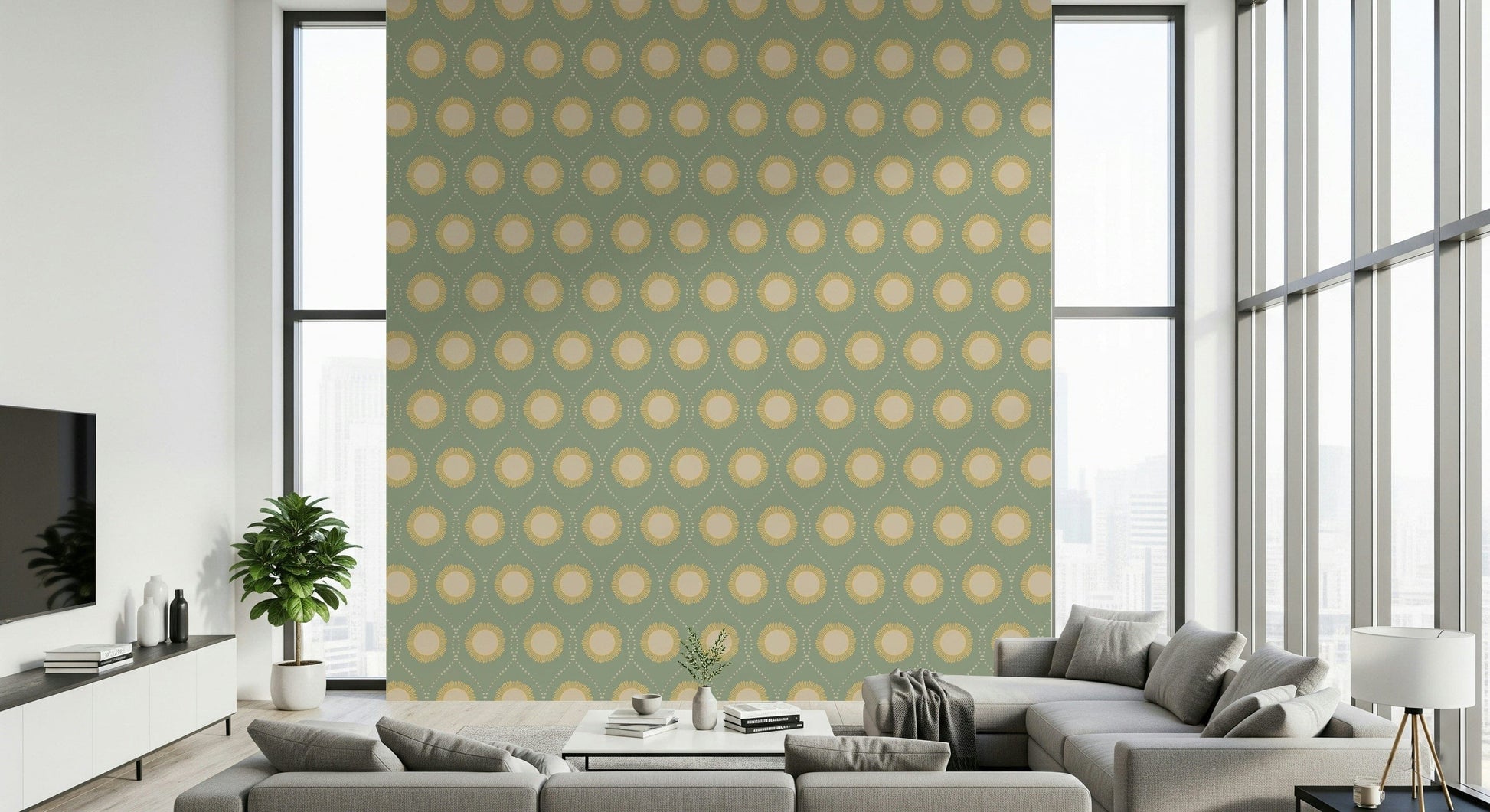 Retro Radiance pattern, textured look, soft olive background, beige-yellow accents.